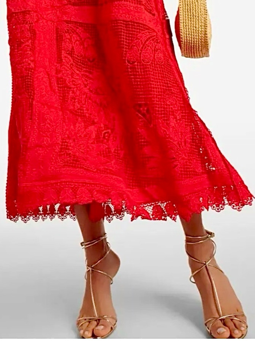 New FARM Rio Toucan Guipure Crochet Red Lace Midi Skirt Medium Cocktail Party - Picture 2 of 16